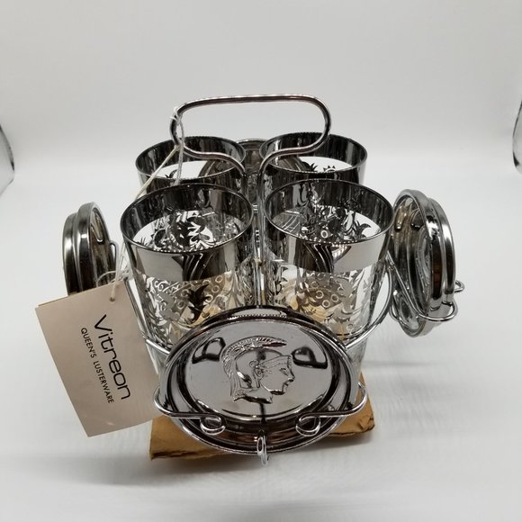 Vintage MCM Queen's Lusterware by Vitreon Guardian Crest Glass Tumbler & Coaster - Picture 4 of 5